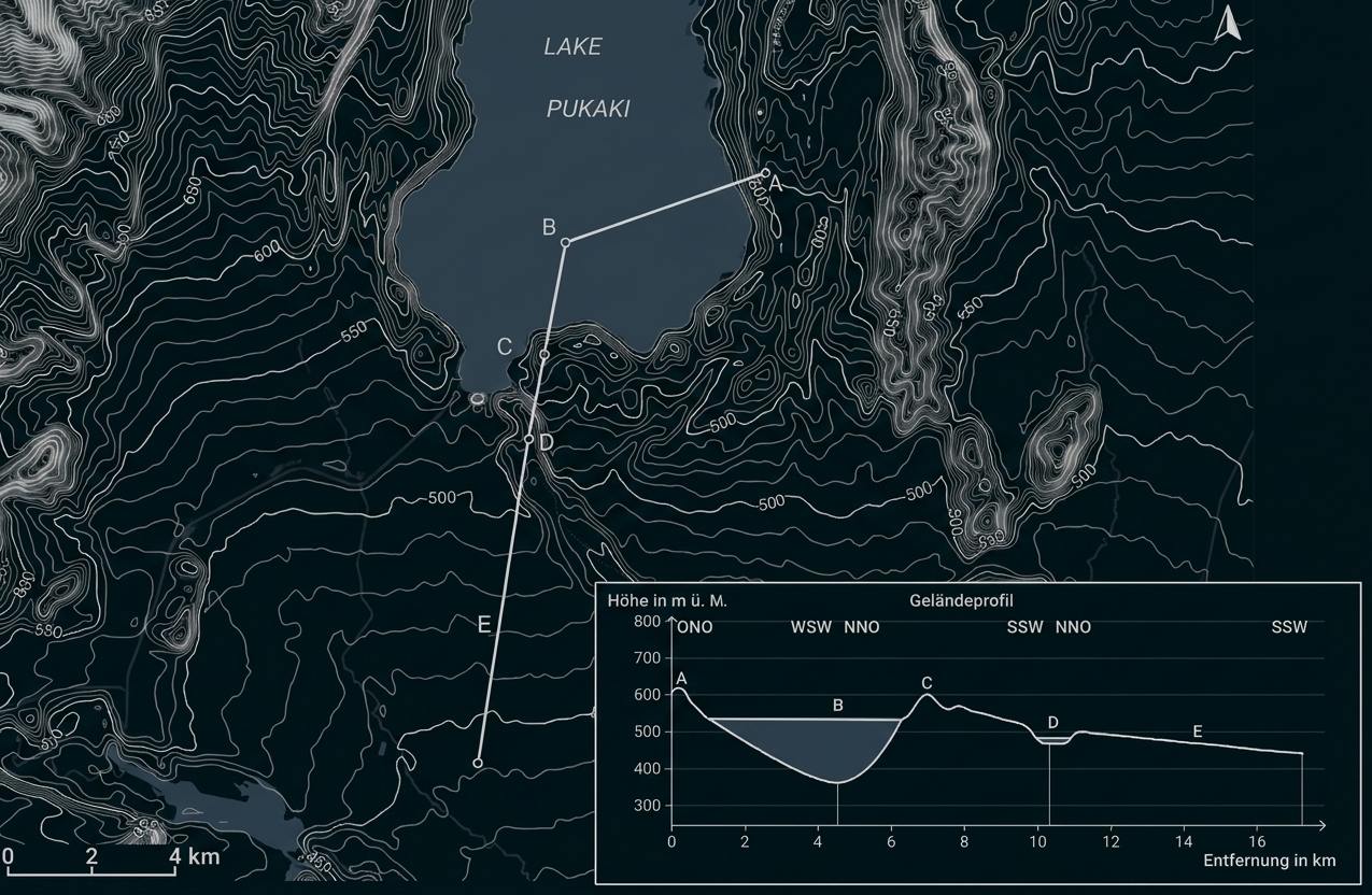 Topografische Karte mit Höhenlinien und eingezeichnetem Geländeprofil am Lake Pukaki.